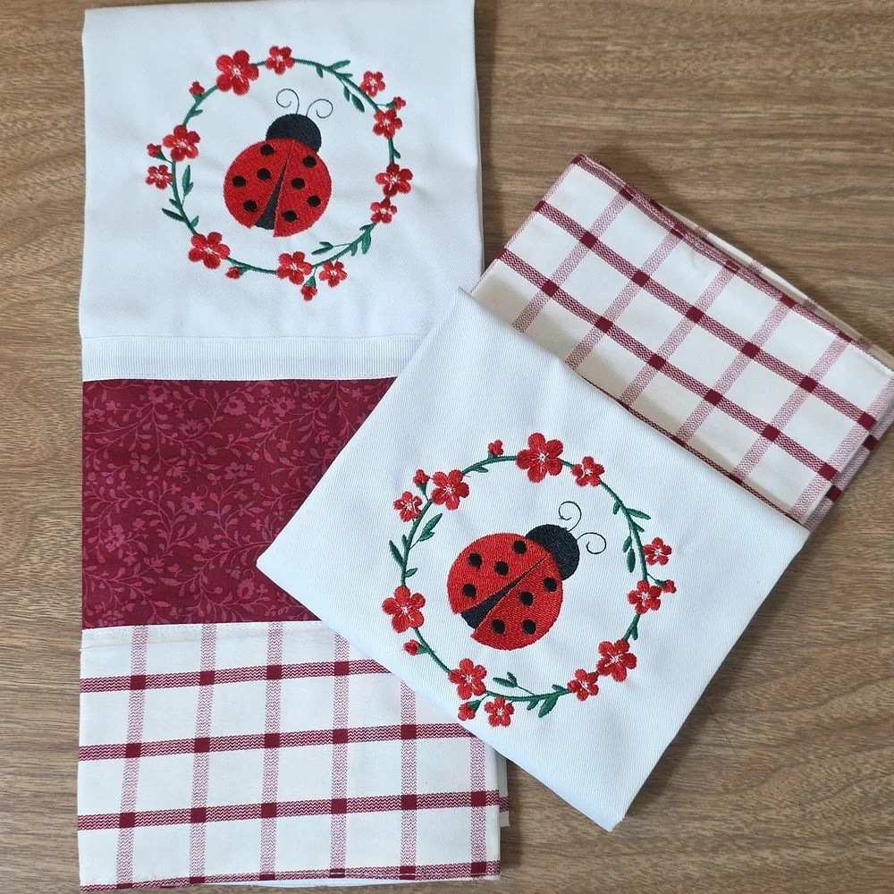 Handcrafted Embroidered Ladybug Gingham Hand Towels Set Of 2 18